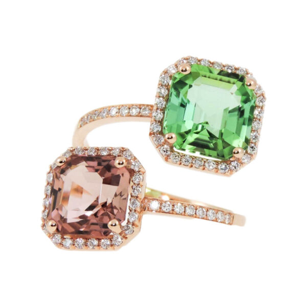 Gold, Mint & Peach Tourmaline & Diamond Halo Ring