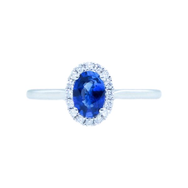 Gold, Blue Sapphire & Diamond Halo Ring