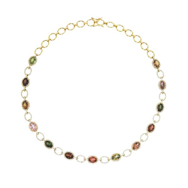 Χρυσό Κολιέ Halo με Πολύχρωμες Τουρμαλίνες & Διαμάντια