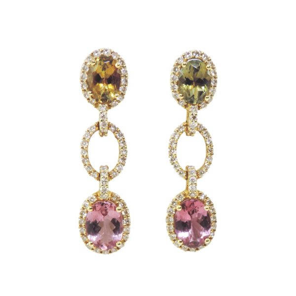 Χρυσά Κρεμαστά Σκουλαρίκια  με Πολύχρωμες Τουρμαλίνες & Διαμάντια