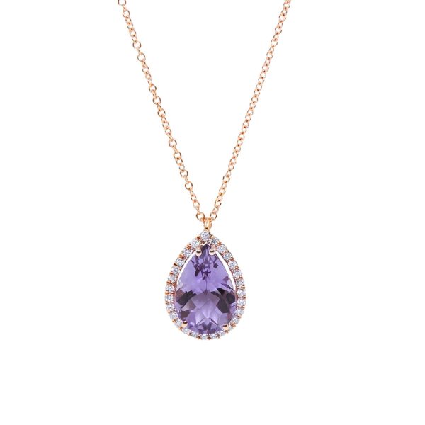 Gold, Pear shaped Amethyst & Diamond Necklace